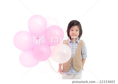 Asian child holding pink and white balloons Asian child holding pink and white balloons 22333605