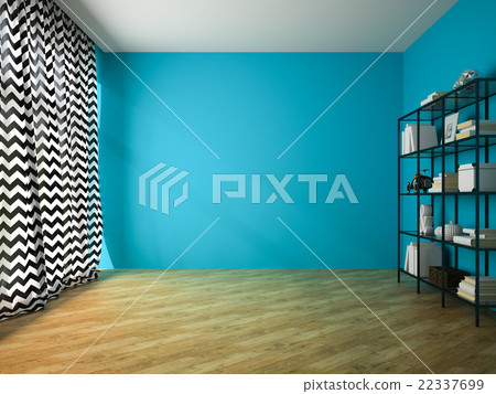 Empty room with blue wall and glass rack  22337699