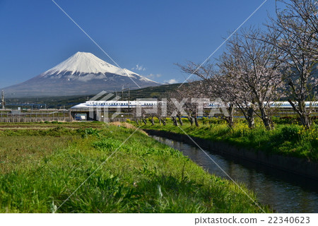 Shinkansen running through cherry blossoms 22340623