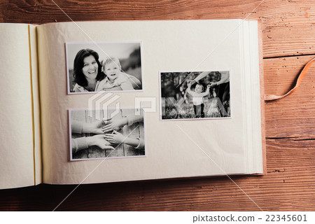 Mothers day composition. Photo album, black-and Mothers day composition. Photo album, black-and 22345601