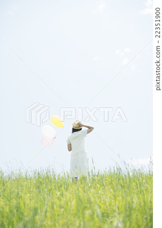 A rear view of a woman with a balloon in the meadow 22351900