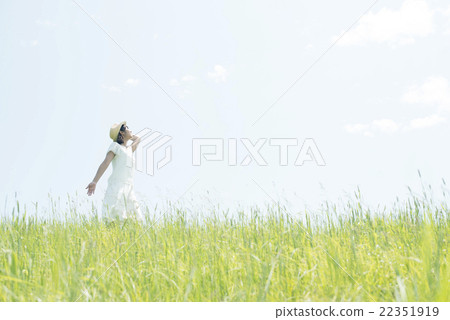 看與草甸的天空的婦女 22351919