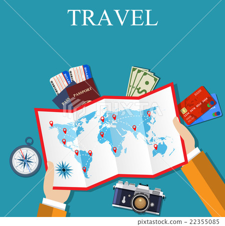 Cartoon hands hold folded paper map of world Cartoon hands hold folded paper map of world 22355085