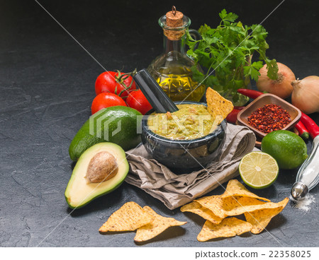Bowl of delicious homemade Guacamole with nachos 22358025