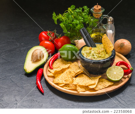 Bowl of delicious homemade Guacamole with nachos 22358068