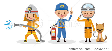 Firefighter's job image (fire fighting activity, disaster prevention instruction, life saving) 22363432