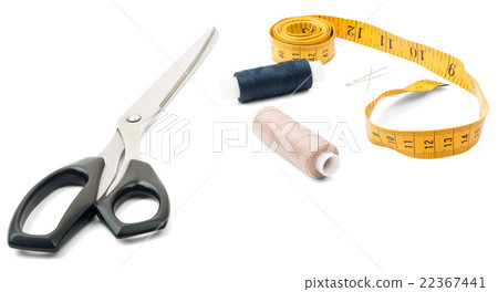 Tailors tools - scissors, thread and tape measure 22367441