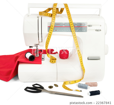 Sewing machine with fabric, threads and scissors Sewing machine with fabric, threads and scissors 22367841