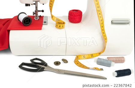 Sewing machine with fabric, threads and tape Sewing machine with fabric, threads and tape 22367842