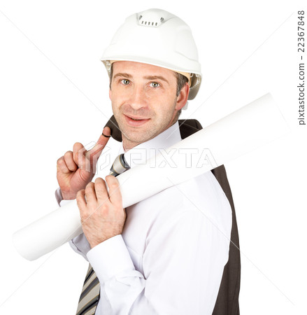 Businessman in helmet hold jacket and paper scroll Businessman in helmet hold jacket and paper scroll 22367848