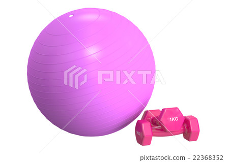 Pink Fitball and dumbbells, 3D rendering Pink Fitball and dumbbells, 3D rendering 22368352