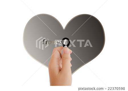 Isolated hand with lens and text honest with heart shape on whit Isolated hand with lens and text honest with heart shape on whit 22370598