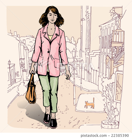 Sexy fashion girl in sketch style on a city Sexy fashion girl in sketch style on a city 22385390