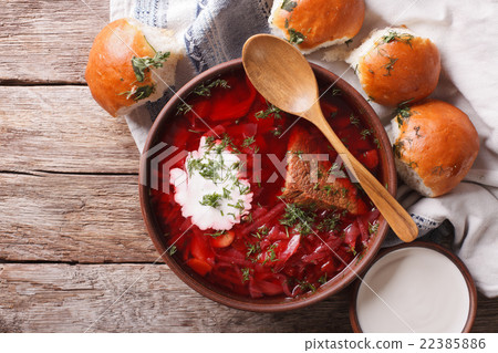 Ukrainian borsch soup and garlic buns 22385886