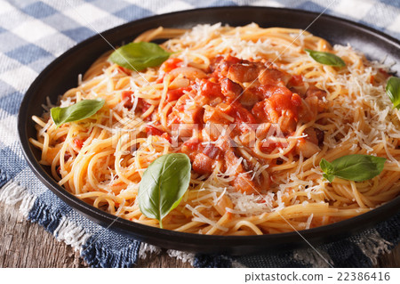 Amatriciana Spaghetti with cheese and basil Amatriciana Spaghetti with cheese and basil 22386416