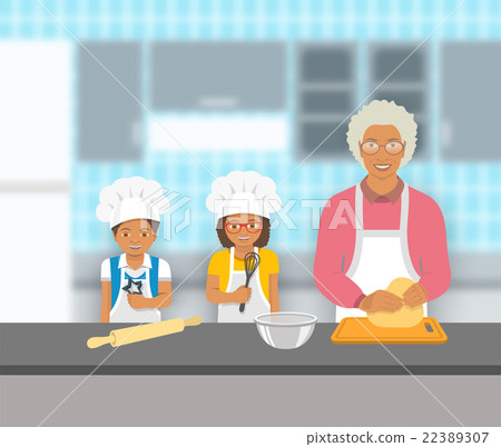 Grandmother and kids bake together at a kitchen 22389307
