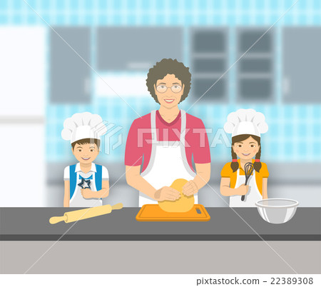 Grandmother and kids bake together at a kitchen Grandmother and kids bake together at a kitchen 22389308