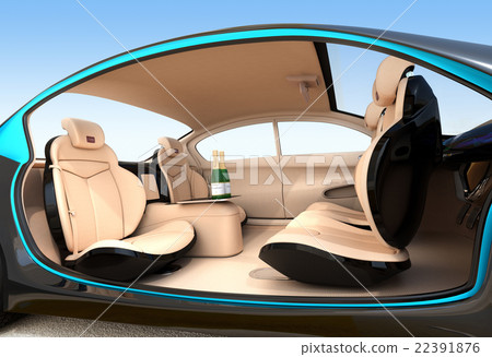Interior image of automatic driving car. Make relaxation space with rotatable seat in high-quality interior 22391876
