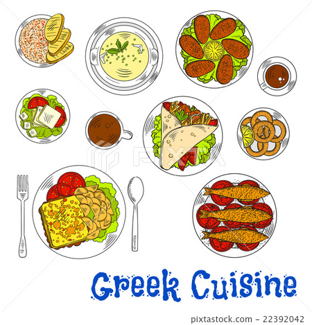 Grilled greek seafood dishes sketch drawing icon 22392042
