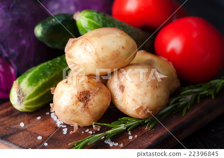 Young potatoes on wooden table  22396845