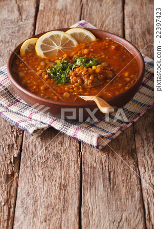 Thick Moroccan soup in a bowl on the table Thick Moroccan soup in a bowl on the table 22397423