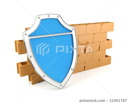 Shield and wall, firewall concept, 3D render Shield and wall, firewall concept, 3D render 22401787