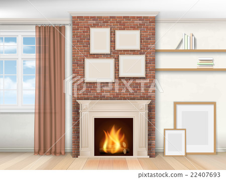 Interior with fireplace and window Interior with fireplace and window 22407693