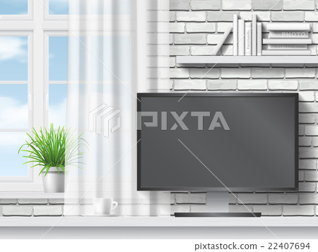 Work table with computer on white brick background Work table with computer on white brick background 22407694