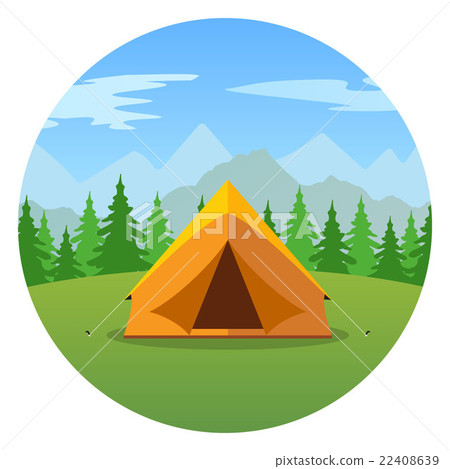 Cartoon tent in a landscape of mountains icon. 22408639