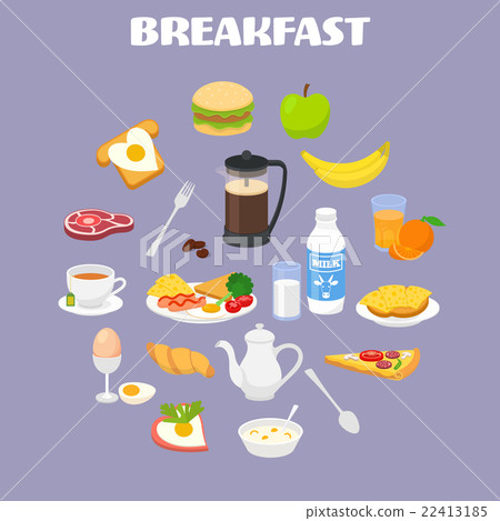 Breakfast with fresh food and drinks icons set Breakfast with fresh food and drinks icons set 22413185