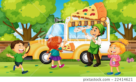Kids buying pizza from pizza truck Kids buying pizza from pizza truck 22414621