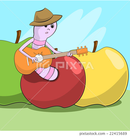 Cheerful worm crawled out of the apple and plays g 22415689