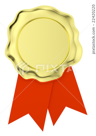 Gold wax seal on red ribbons isolated on white Gold wax seal on red ribbons isolated on white 22420220