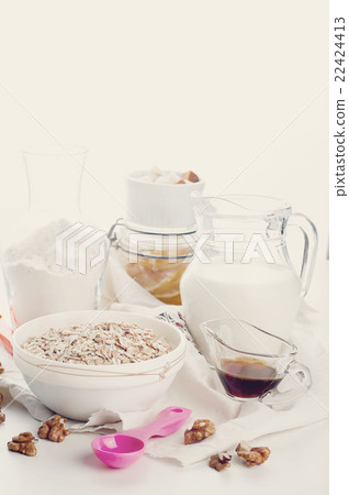 Oatmeal porridge with glass of milk Oatmeal porridge with glass of milk 22424413