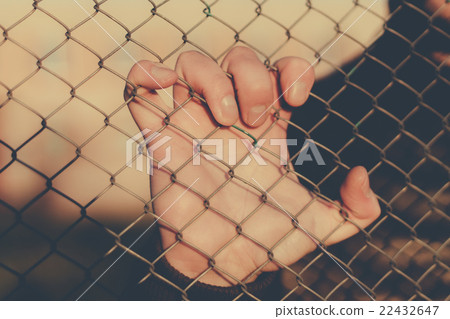 Hand holds a mesh fence. 22432647