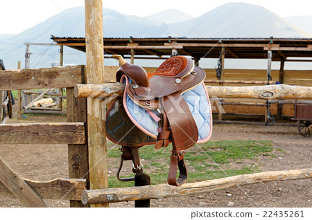 Vintage leather saddle with natural materials.  22435261