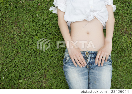女人的肚子躺在草坪上 女人的肚子躺在草坪上 22436044