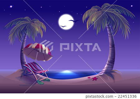 Night beach. Sea, moon, palm trees and sand 22451336