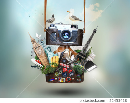 Vintage camera with leather case and landmarks Vintage camera with leather case and landmarks 22453418