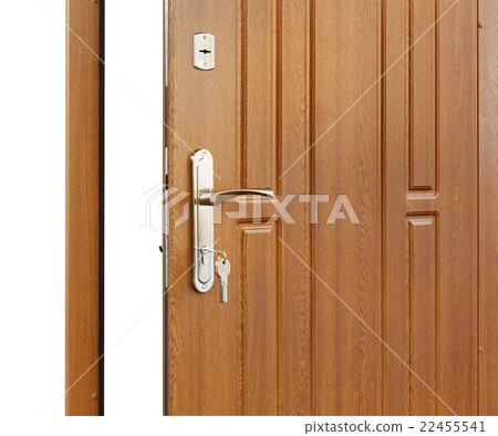 Open brown wooden door handle with lock. 22455541