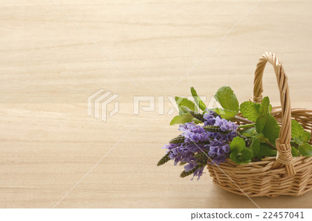 Lavender flowers and mint wood grain background Lavender flowers and mint wood grain background 22457041