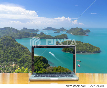 Conceptual image of a computer laptop on Top view of Ang Thong National Marine Park, Thailand 22459301