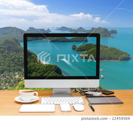 Conceptual image of a workspace with computer desktop on Top view of Ang Thong National Marine Park, Thailand 22459569