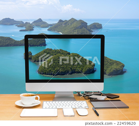 Conceptual image of a workspace with computer desktop on Top view of Ang Thong National Marine Park, Thailand 22459620