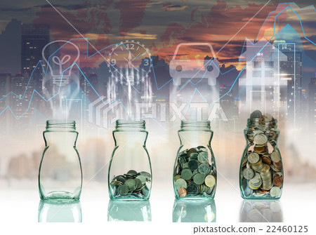 Mix coins in clear bottle on trading graph with cityscape background with sign shape,Business investment growth concept Mix coins in clear bottle on trading graph with cityscape background with sign shape,Business investment growth concept 22460125