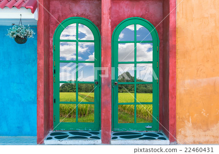 Beautiful Flowers Outside a Window with Rice field with mountain background under blue sky with cloud Beautiful Flowers Outside a Window with Rice field with mountain background under blue sky with cloud 22460431