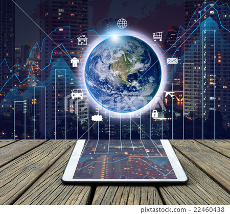 Conceptual image of tablet on cityscape and financial graph with eart and business logo background, Elements of this image furnished by NASA Conceptual image of tablet on cityscape and financial graph with eart and business logo background, Elements of this image furnished by NASA 22460438