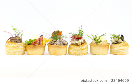 Mini Canape with meat and vegetables in plastic cu 22464669