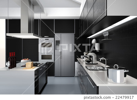 Image of the island system kitchen interior with a monotone theme 22479917
