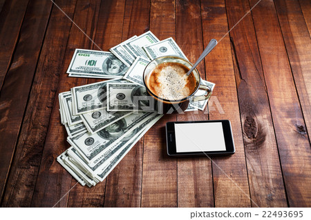 Coffee cup, money and phone Coffee cup, money and phone 22493695